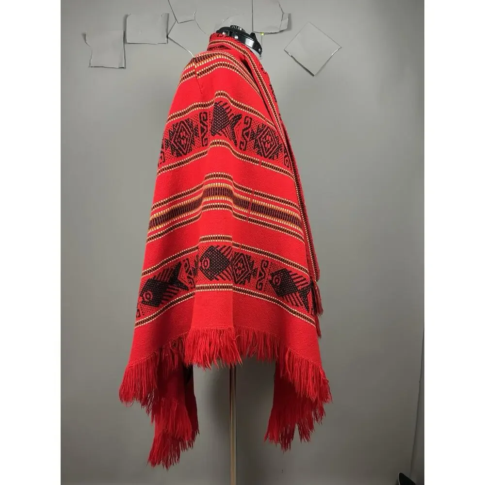 Red Black Woven Geometric Fringe Poncho Cape Shawl Boho Festival One Size